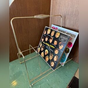 Vintage record holder stand goldtone with handle mcm magazine